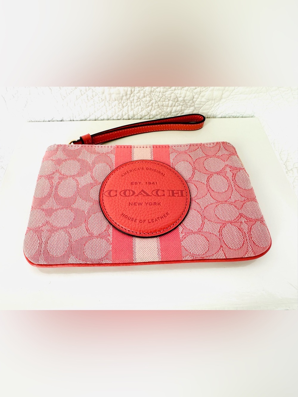 Coach Pink Signature Stripe Wristlet